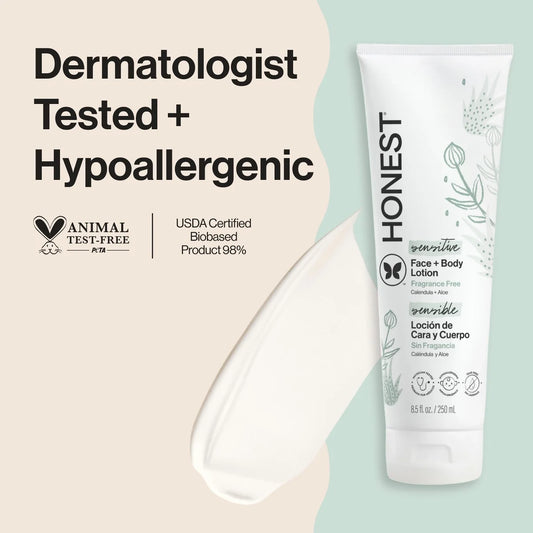 The Honest Company Sensitive Face + Body Lotion Fragrance Free - 8.5 fl oz: Moisturizing, Dye-Free, Paraben-Free, Silicone-Free